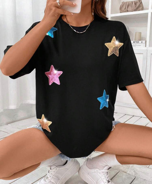 •Preorder•  Sequin Star Pattern Drop Shoulder Tee